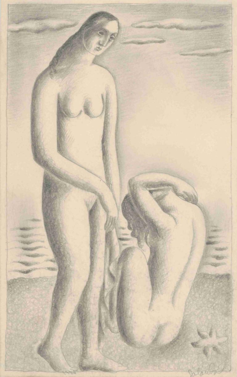 Women on the seashore,Femei pe malul mării,Mikuláš Galanda,Mikulas Galanda,Schiță,Schiță, nud, monocrom