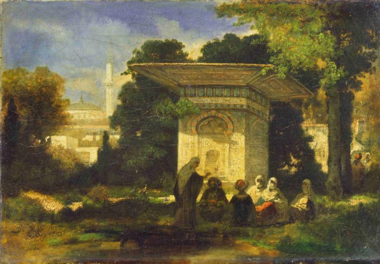 A Turkish Fountain,Narcisse-Virgile Diaz de La Peña,Oil Painting,Oil Painting, tree, multiple boys, outdoors