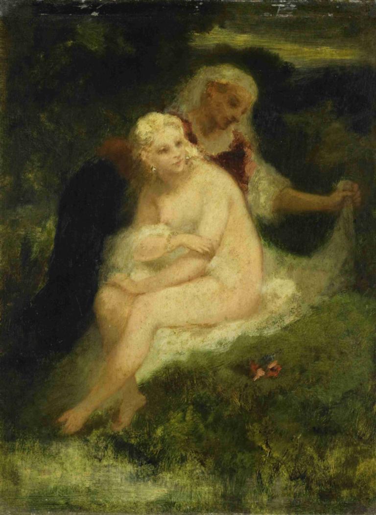 After the Bath,Narcisse-Virgile Diaz de La Peña,Oil Painting,Oil Painting, fine art parody, sitting, 2girls