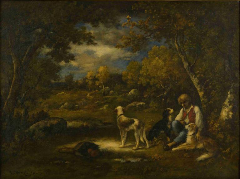 Boy With His Dogs In A Wood,Narcisse-Virgile Diaz de La Peña,Oil Painting,Oil Painting, tree, 1boy, dog