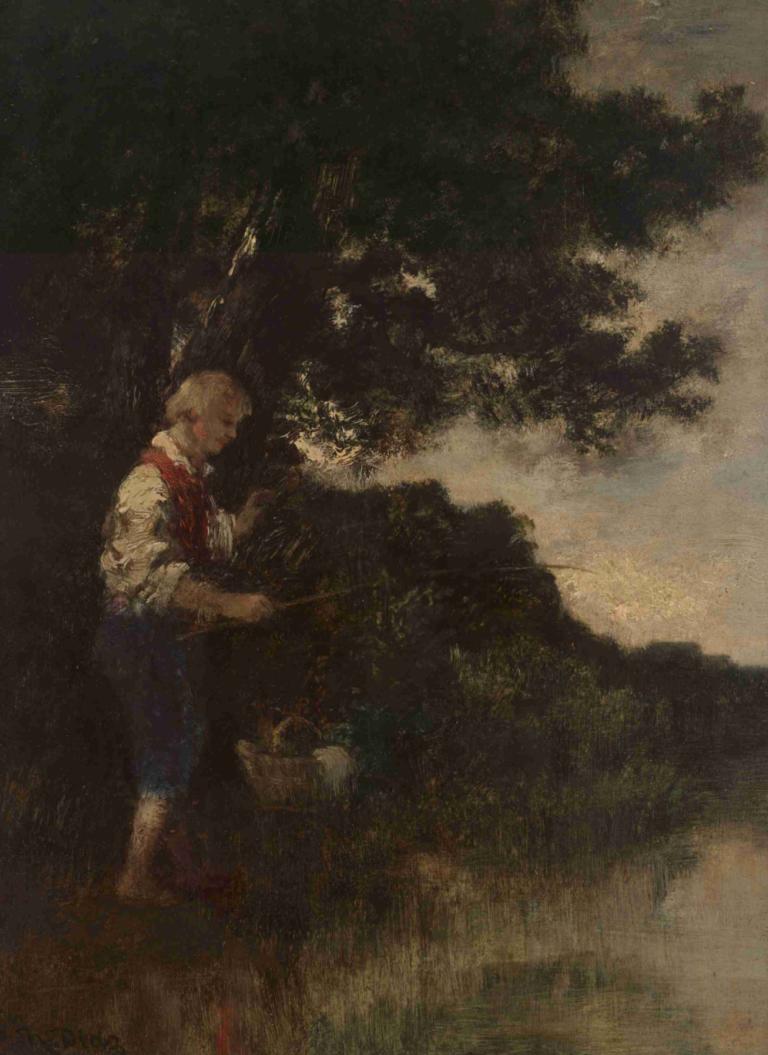 Boy fishing,Narcisse-Virgile Diaz de La Peña,Oil Painting,Oil Painting, solo, 1boy, male focus, blonde hair