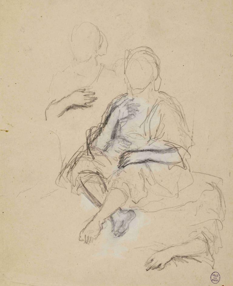 Deux personnages drapés assis de face et étude de bras,Narcisse-Virgile Diaz de La Peña,Sketch,Sketch