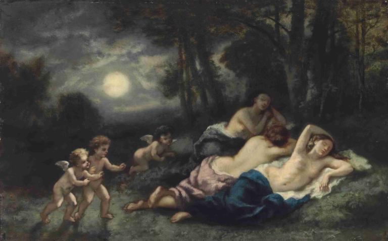 Le sommeil des nymphes, la nuit,Nymfer sover på natten,Narcisse-Virgile Diaz de La Peña,Oljemålning