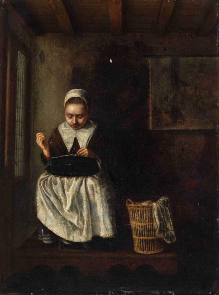 A Girl Sewing,Nicolaes Maes,Oil Painting,Oil Painting, solo, fine art parody, 1girl, realistic