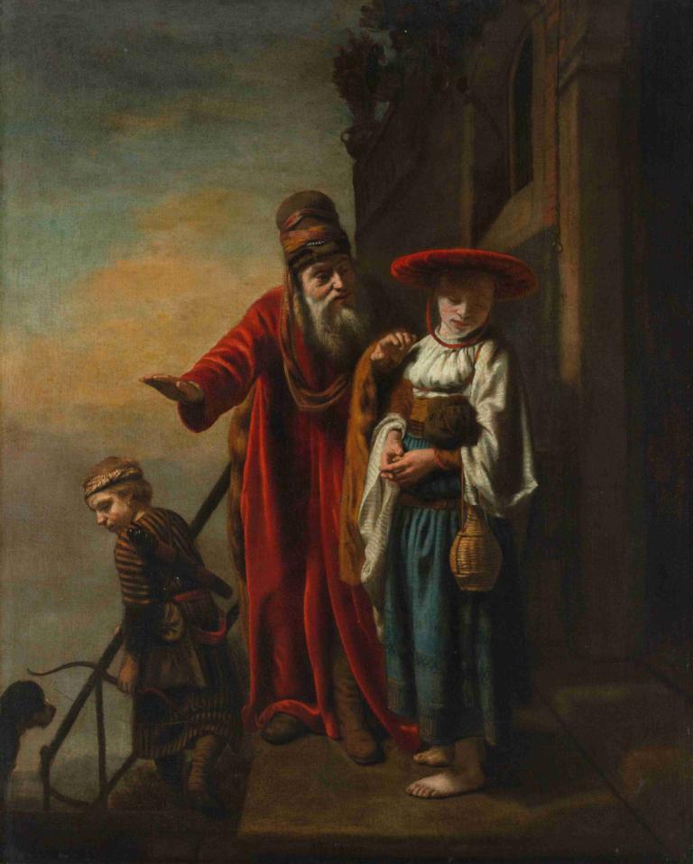 Abraham Dismissing Hagar and Ishmael,Nicolaes Maes,Oil Painting,Oil Painting, multiple boys, barefoot, hat