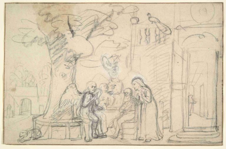 Abraham Entertaining the Angels,Nicolaes Maes,Sketch,Sketch, wings, sketch, tree, multiple boys, sitting, old