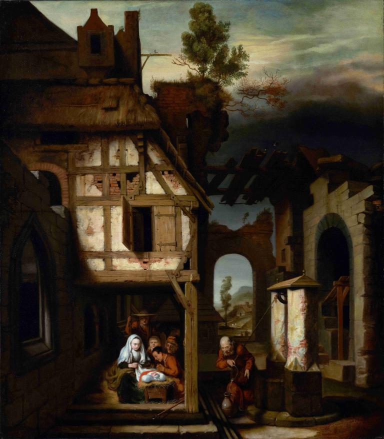 Adoration of the Shepherds,Nicolaes Maes,Oil Painting,Oil Painting, multiple boys, tree, scenery, white hair