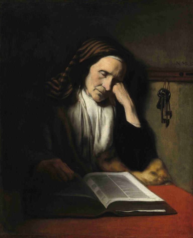 An Old Woman Dozing over a Book,Seorang Wanita Tua Tertidur di Atas Buku,Nicolaes Maes,Lukisan cat minyak