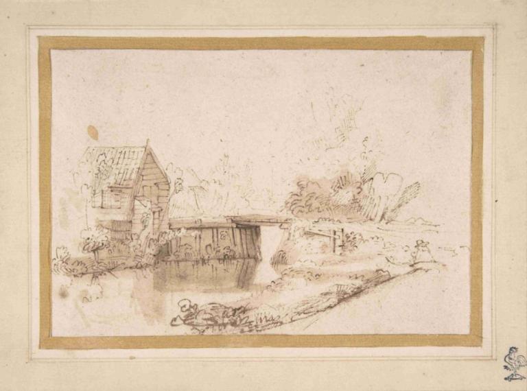 Landscape with a Draughtsman Seated by a River, a Bridge and a Cottage Behind,Nicolaes Maes,Sketch,Sketch