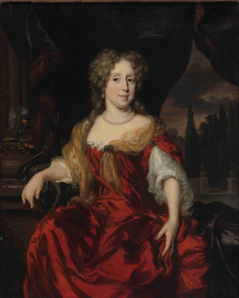 Portrait Of A Lady Wearing A Red Dress,Porträt einer Dame in einem roten Kleid,Nicolaes Maes,Ölgemälde