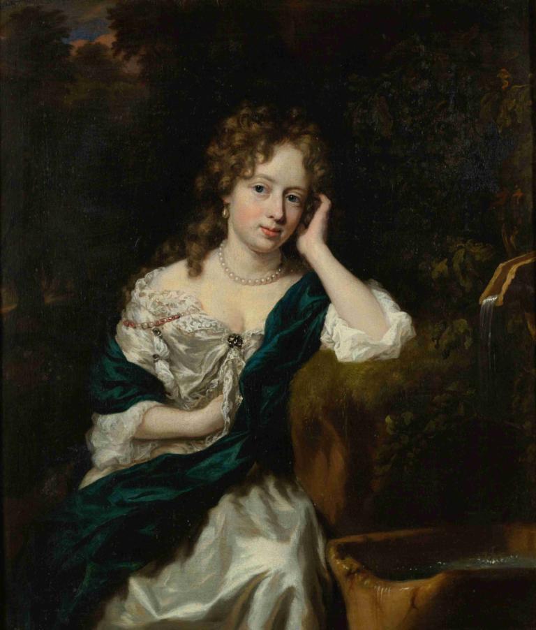 Portrait of a Lady Seated By a Fountain,Porträt einer sitzenden Dame am Brunnen,Nicolaes Maes,Ölgemälde