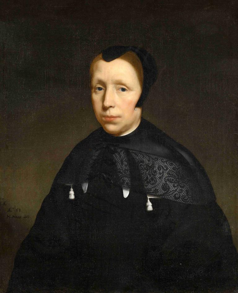 Portrait of a Widow,Porträt einer Witwe,Nicolaes Maes,Ölgemälde,Ölgemälde, Solo, realistisch, schwarzes Haar