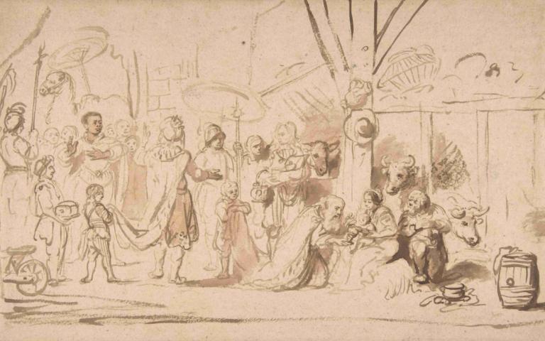 The Adoration of the Magi,Die Anbetung der Heiligen Drei Könige,Nicolaes Maes,Skizze,Skizze, mehrere Mädchen