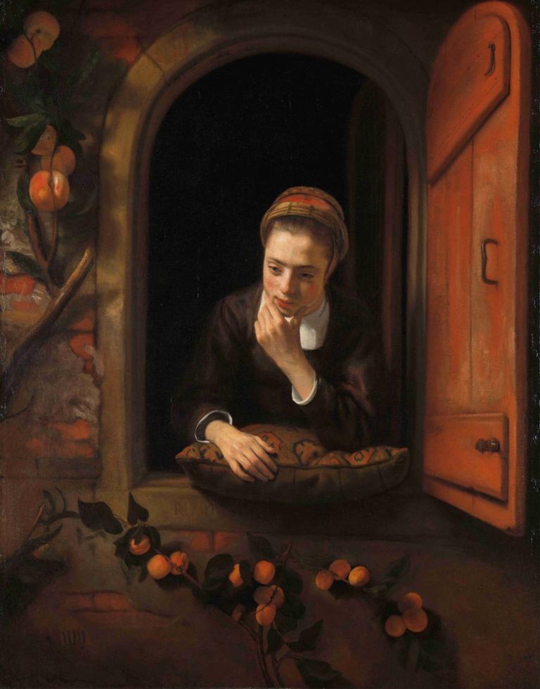 The Daydreamer,Der Tagträumer,Nicolaes Maes,Ölgemälde,Ölgemälde, Solo, 1Mädchen, Obst, Essen, Fenster, Korb