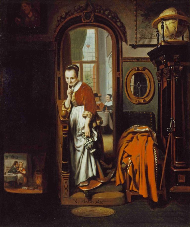 The Listening Housewife (The Eavesdropper),Die lauschende Hausfrau (The Eavesdropper),Nicolaes Maes,Ölgemälde