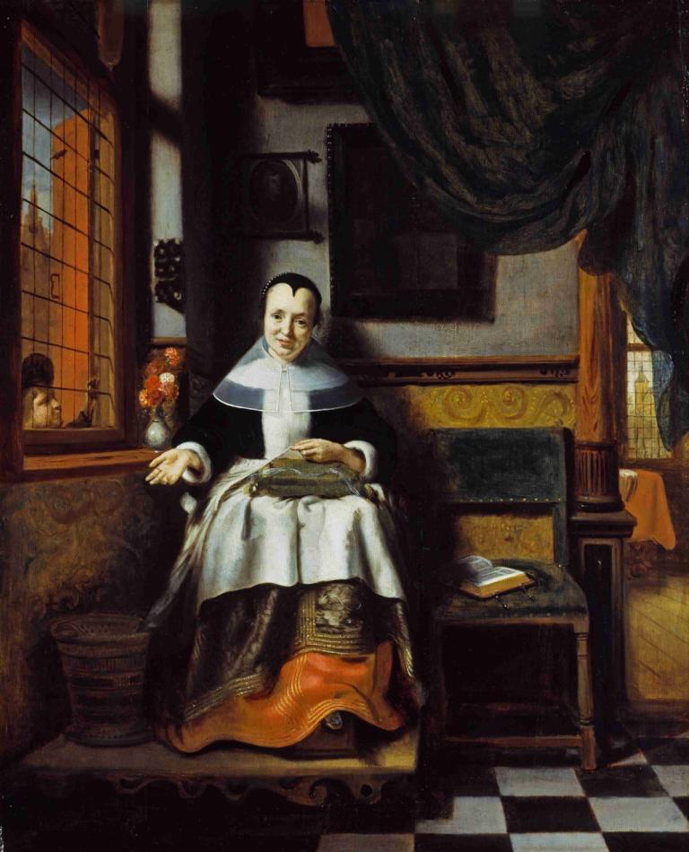 The Virtuous Woman,Die tugendhafte Frau,Nicolaes Maes,Ölgemälde,Ölgemälde, Solo, schwarzes Haar, Fenster