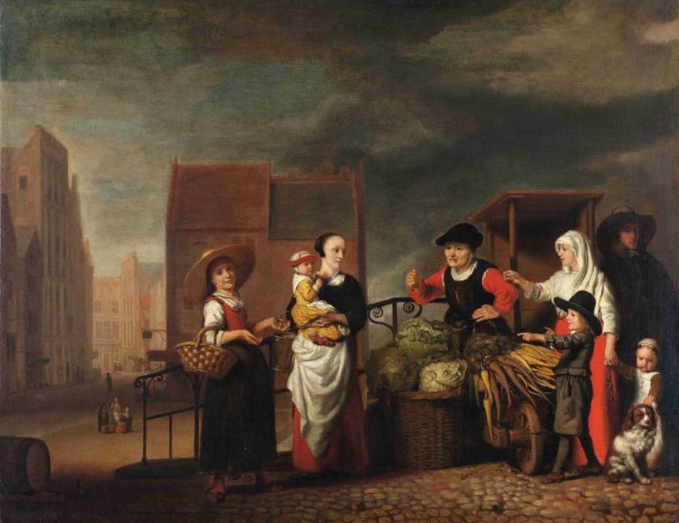 Vegetable Market,Gemüsemarkt,Nicolaes Maes,Ölgemälde,Ölgemälde, Kunstparodie, mehrere Jungen, mehrere Mädchen