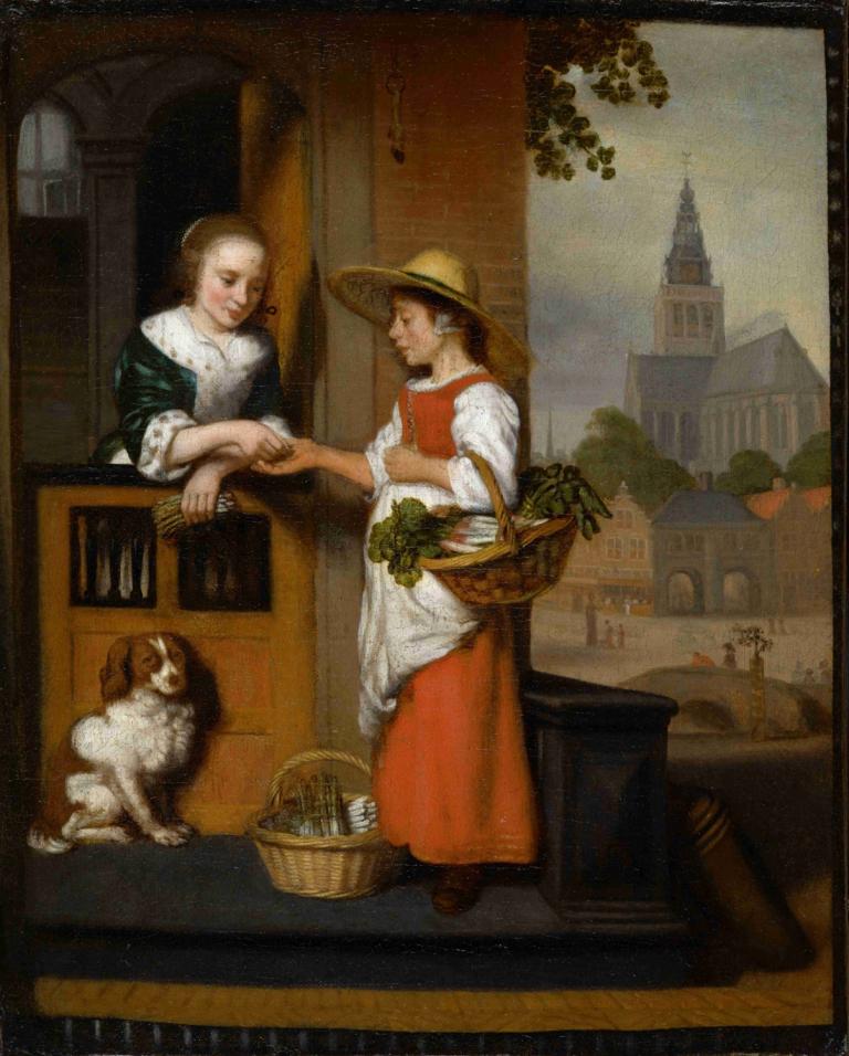 Vegetable Seller,Gemüse Verkäufer,Nicolaes Maes,Ölgemälde,Ölgemälde, Kunstparodie, alte Frau, Hut, Hund, Korb