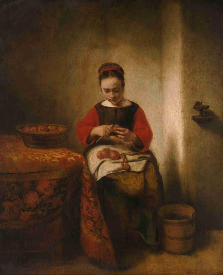 Young Woman Peeling Apples,Junge Frau schält Äpfel,Nicolaes Maes,Ölgemälde,Ölgemälde, Kunstparodie, Solo