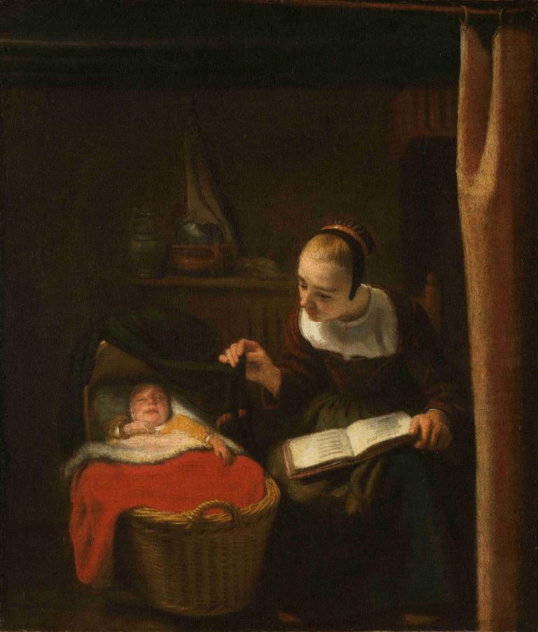 Young Woman at a Cradle,Junge Frau an einer Wiege,Nicolaes Maes,Ölgemälde,Ölgemälde, Kunstparodie, Buch