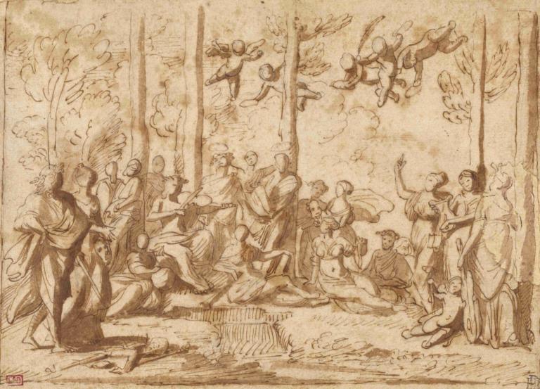 Apollo and the Muses on Mount Parnassus,Nicolas Poussin,Copperplate Etching,Copperplate Etching, 6+boys