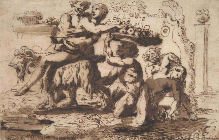 Bacchanal,Nicolas Poussin,Copperplate Etching,Copperplate Etching, monochrome, fine art parody, dog, food