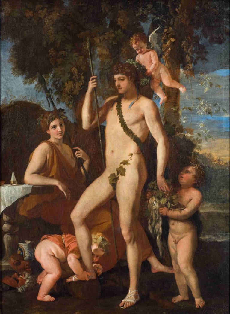 Bacchus-Apollo,Nicolas Poussin,Oil Painting,Oil Painting, fine art parody, parody, multiple boys, nude