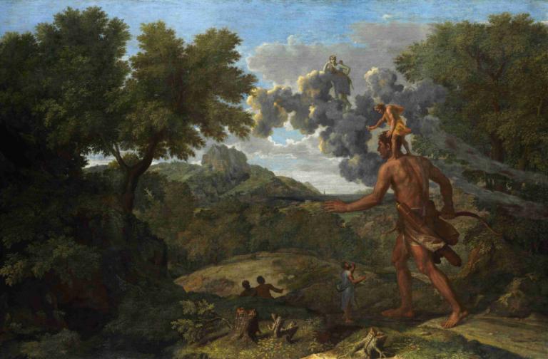 Blind Orion Searching For The Rising Sun,盲目的猎户座寻找初升的太阳,Nicolas Poussin,尼古拉-普桑,油画,油画, 树, 户外, 云, 自然, 风景, 天空, 天