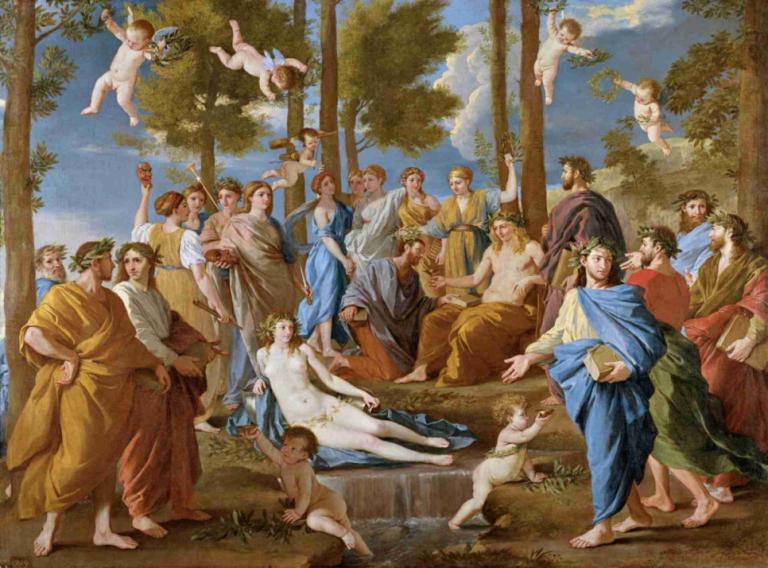 El Parnaso,De Parnassus,Nicolas Poussin,Olieverf,Olieverf, parodie op beeldende kunst, meerdere jongens