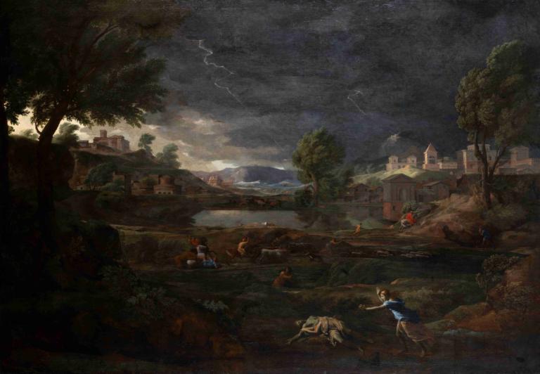 Landscape during a Thunderstorm with Pyramus and Thisbe,雷雨中的风景与皮拉摩斯和缇丝比,Nicolas Poussin,尼古拉-普桑,油画,油画, 树, 风景