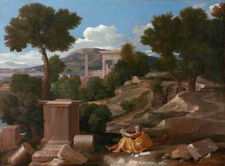 Landscape with Saint John on Patmos,Nicolas Poussin,Oil Painting,Oil Painting, tree, outdoors, scenery, sky