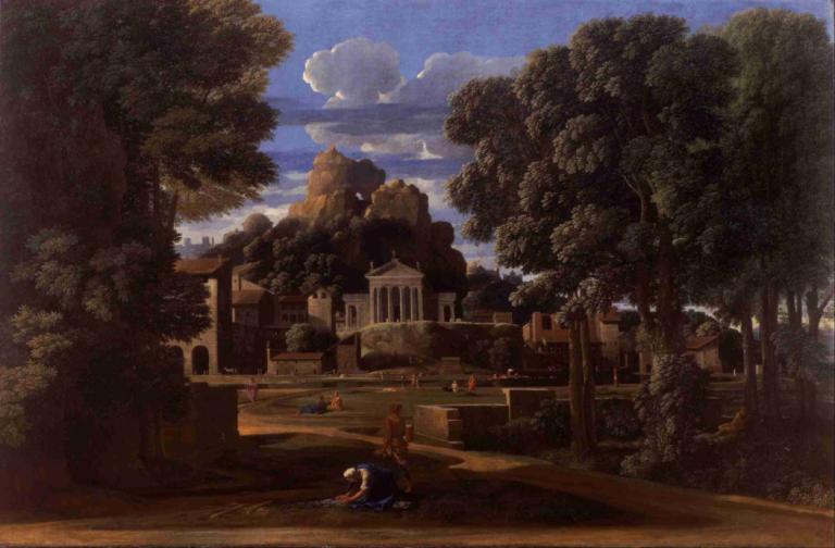 Landscape with the Ashes of Phocion,Nicolas Poussin,Oil Painting,Oil Painting, tree, scenery, sky, outdoors