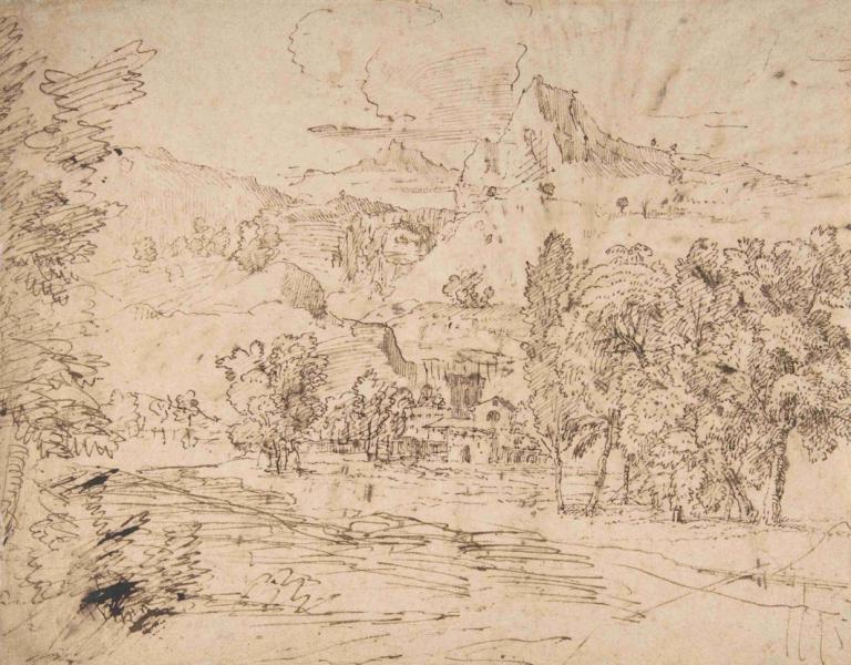 Mountain Landscape,Fjelllandskap,Nicolas Poussin,Kobberplate Etsning,Kobberplate Etsning, tre, monokrom