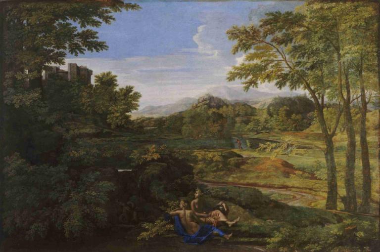 Paysage avec deux nymphes et un serpent,两只仙女和一条蛇的风景画,Nicolas Poussin,尼古拉-普桑,油画,油画, 树, 户外, 风景, 天空, 自然, 景观, 草