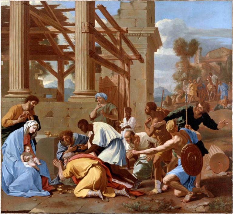 The Adoration Of The Magi,玛吉的崇拜,Nicolas Poussin,尼古拉-普桑,油画,油画, 美术模仿, 多个男孩, 武器, 6+男孩, 剑, 戏仿, 多个女孩, 假传统媒体, 胡须, 盾