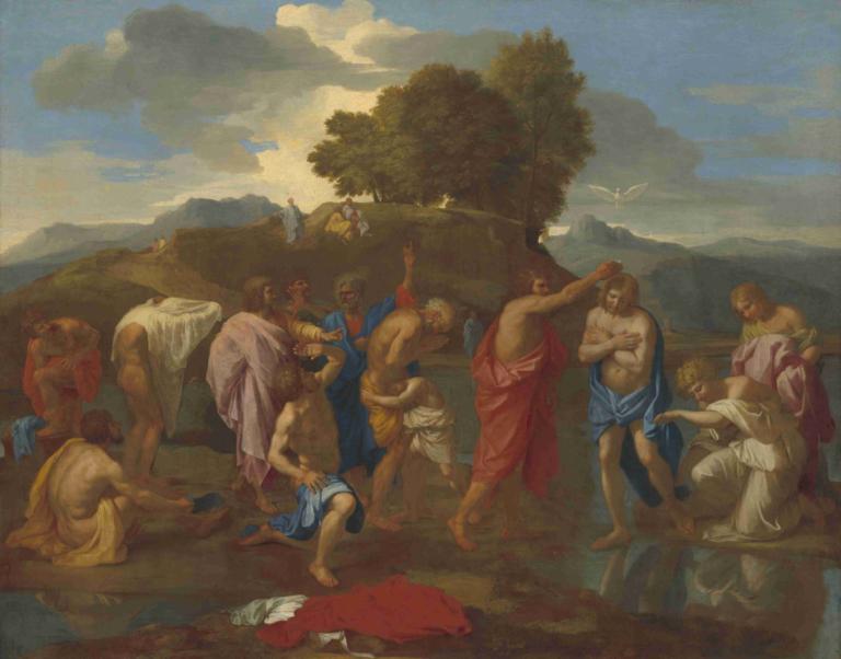 The Baptism of Christ,基督的洗礼,Nicolas Poussin,尼古拉-普桑,油画,油画, 美术模仿, 多个男孩, 假传统媒体, 戏仿, 树, 户外, 赤脚, 男性焦点, 6+男孩, 胡须, 山