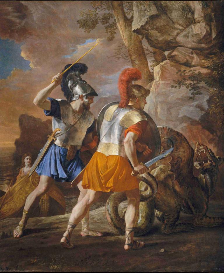 The Companions of Rinaldo,リナルドの仲間たち,Nicolas Poussin,ニコラ・プッサン,油絵,油絵, 武器, シールド, 剣, 美術パロディ, 鎧, 複数の男の子, ヘルメット