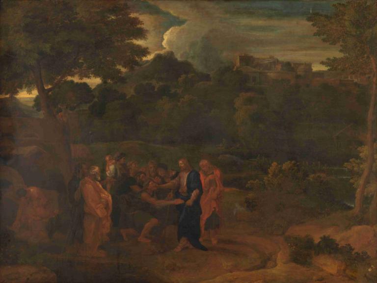 The Healing of the Two Blind Men at Jericho,Nicolas Poussin,Oil Painting,Oil Painting, multiple boys, tree