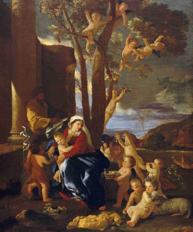 The Holy Family with Saint John the Baptist,聖約翰施洗者的神聖家族,Nicolas Poussin,尼古拉斯·普桑,油畫,油畫, 美術模仿, 戲仿, 樹, 假傳統媒體