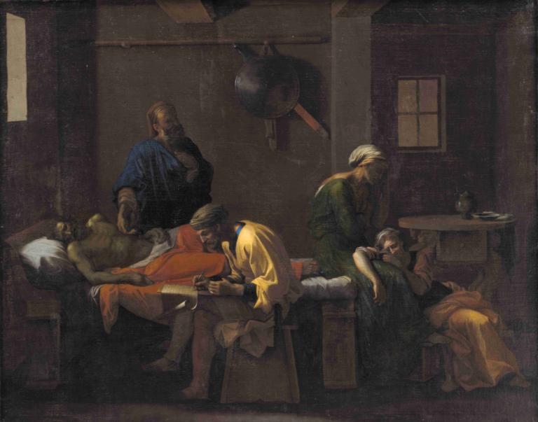 The Testament Of Eudamidas,欧达米达斯遗书,Nicolas Poussin,尼古拉-普桑,油画,油画, 多个男孩, 金头发, 坐着, 多个女孩, 胡须, 在室内, 长发, 胡子, 4个男孩