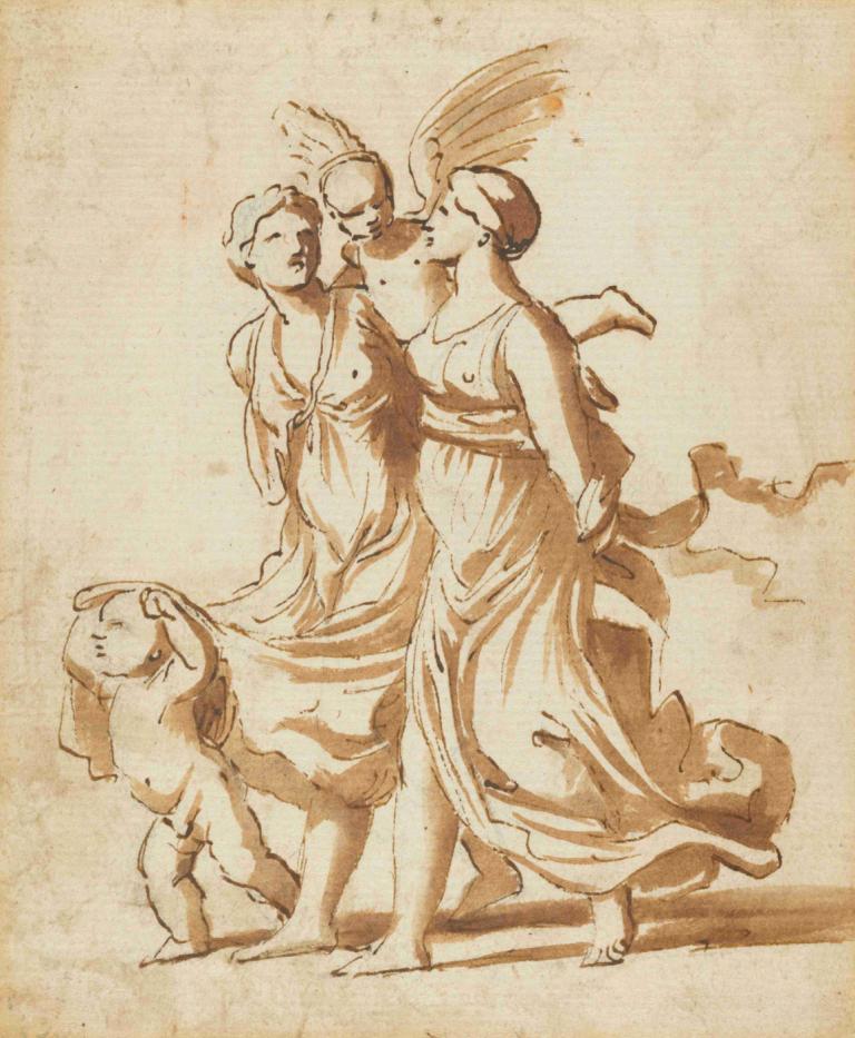 Two Girls Accompanied by Cupid,丘比特陪伴的两个女孩,Nicolas Poussin,尼古拉-普桑,素描,素描, 单色, 狗, 多个女孩, 裙子, 赤脚, 棕色主题, 2个女孩, 棕褐色