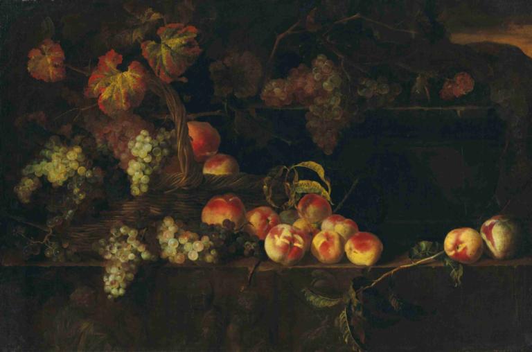 Grapes and peaches in a wicker basket with other fruit on a ledge, a landscape beyond,Nicolas de Largillière