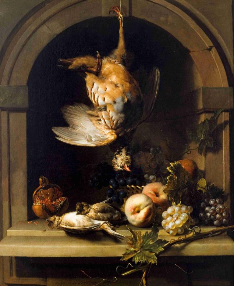 Perdrix Rouge dans une Niche,Nicolas de Largillière,Oil Painting,Oil Painting, food, fruit, bird, animal