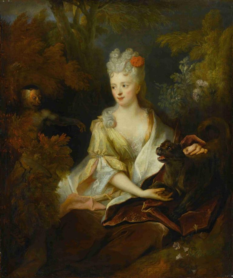 Portrait of a lady seated in a landscape with her pet dog and a monkey,Muotokuva naisesta