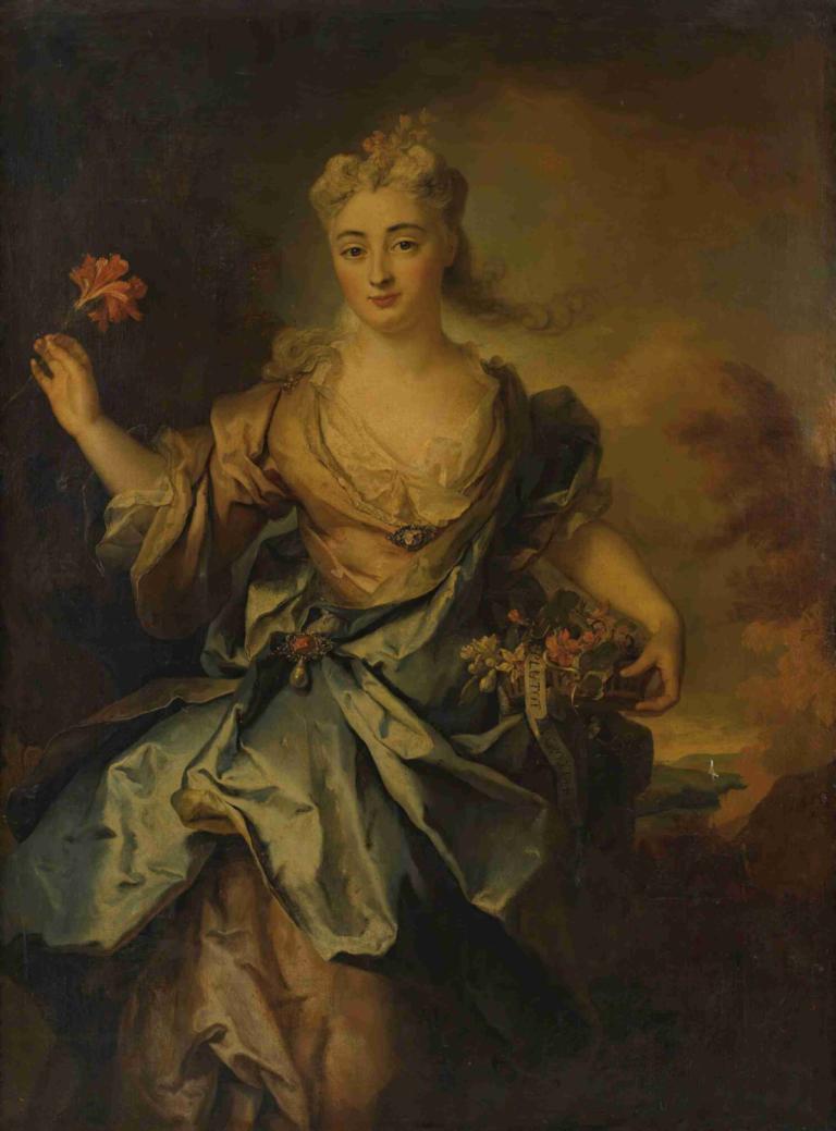 Portrait of a lady,一位女士的肖像,Nicolas de Largillière,尼古拉斯·德·拉吉利埃,油畫,油畫, 美術模仿, 拿著花, 獨奏, 花, 1個女孩, 保持, 假傳統媒體, 金髮