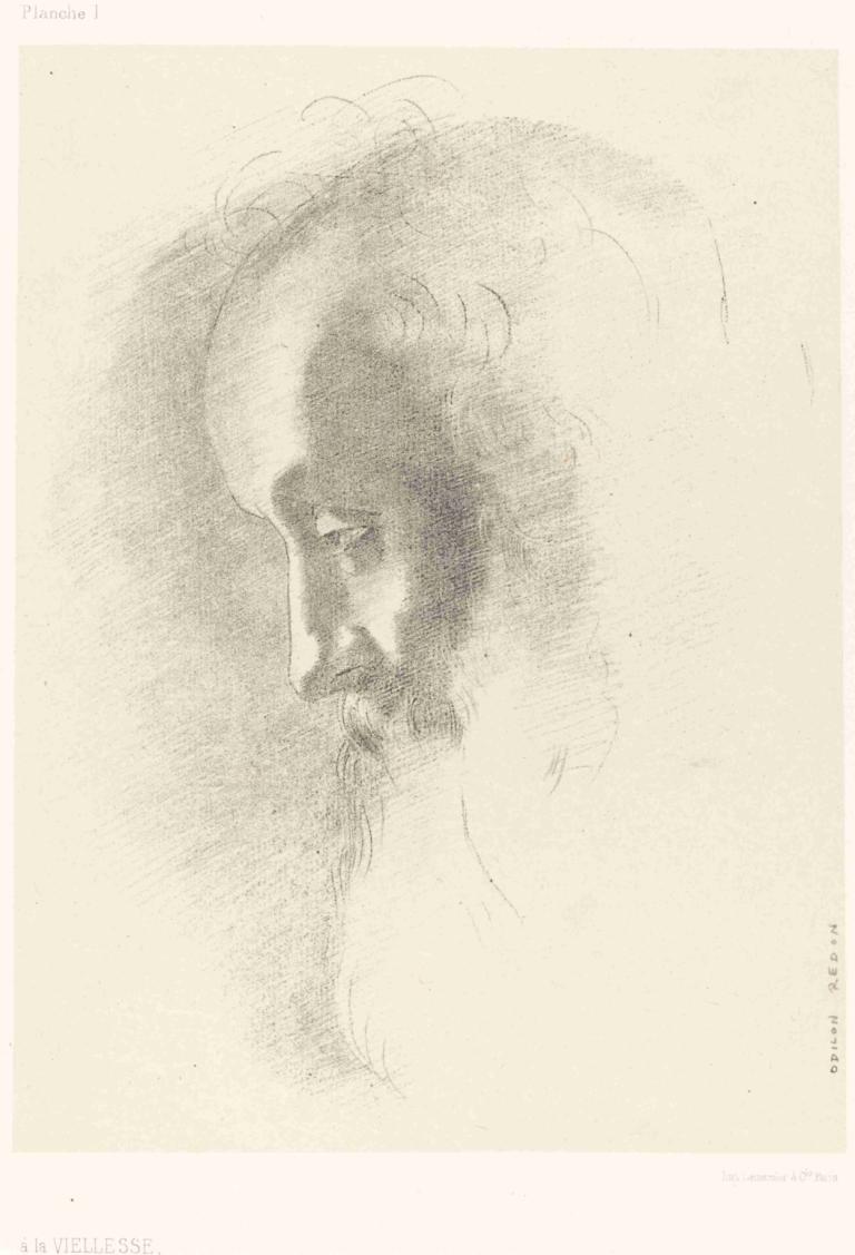 A La Vieillesse (To Old Age),Odilon Redon,Sketch,Sketch, solo, monochrome, 1boy, male focus, facial hair