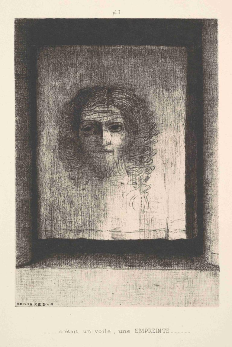 A Veil, a Printed Image,面纱，印刷图像,Odilon Redon,奥迪隆-雷东,素描,素描, 独奏, 1男孩, 单色, 男性焦点, 照片（物体）, 漫画