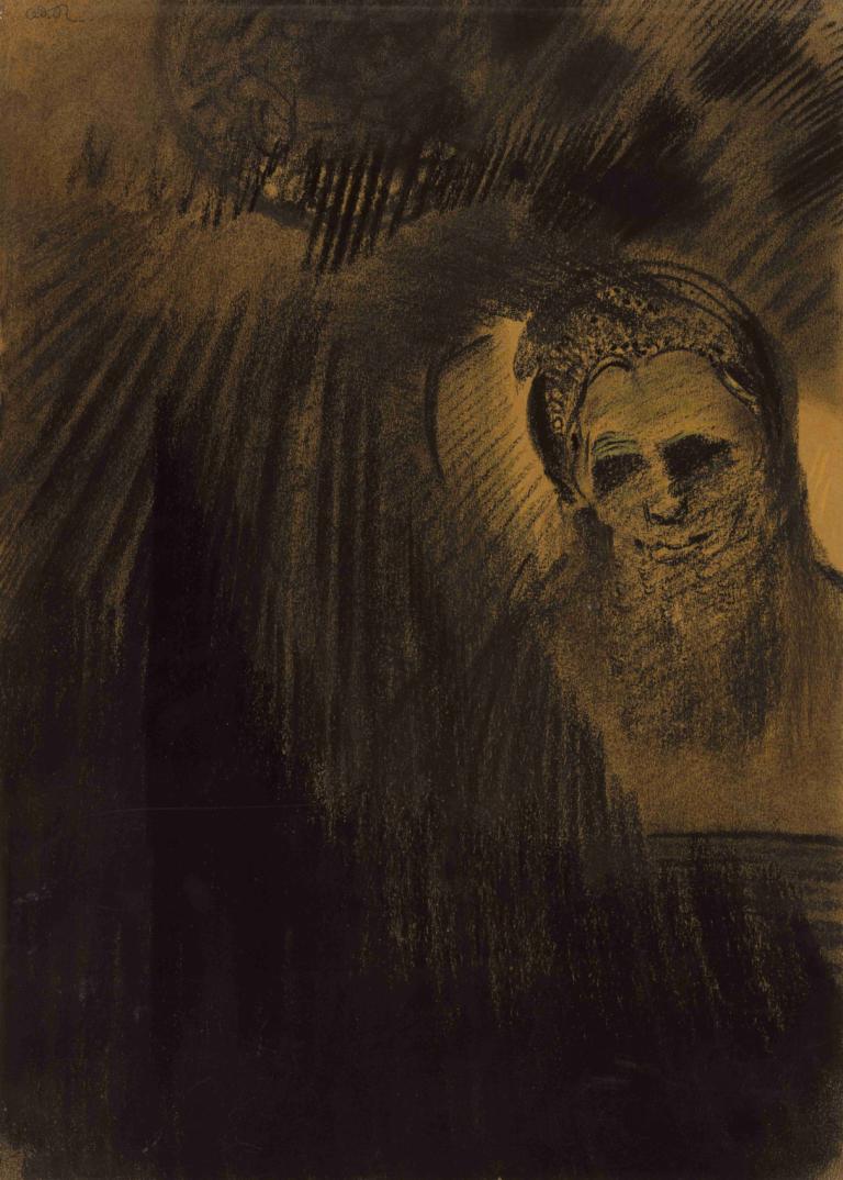 Apparition,Odilon Redon,Copperplate Etching,Copperplate Etching, monochrome, skull, solo, traditional media