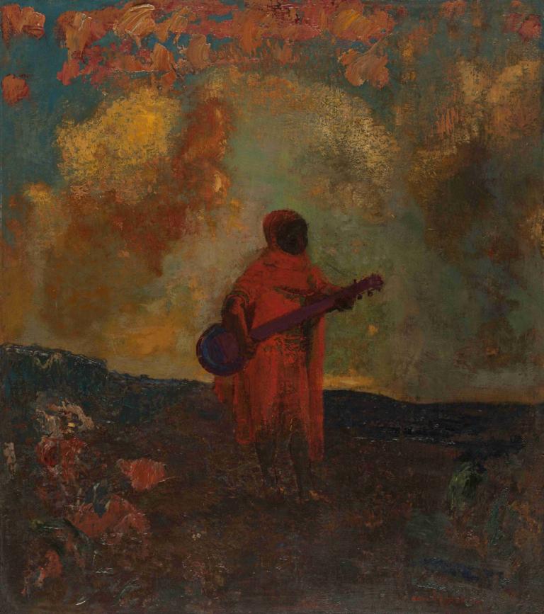 Arabe musicien,Odilon Redon,Oil Painting,Oil Painting, instrument, solo, 1boy, male focus, guitar, outdoors