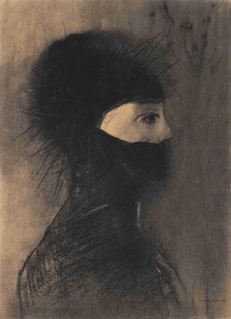 Armor,Odilon Redon,Sketch,Sketch, solo, 1boy, male focus, mask, black hair, mouth mask, profile, upper body